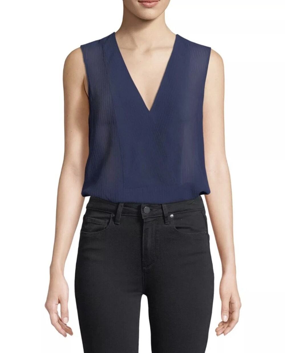 Theory Women Deep Navy Silk Semi Sheer Crossover Shell Blouse Tank Top Size S